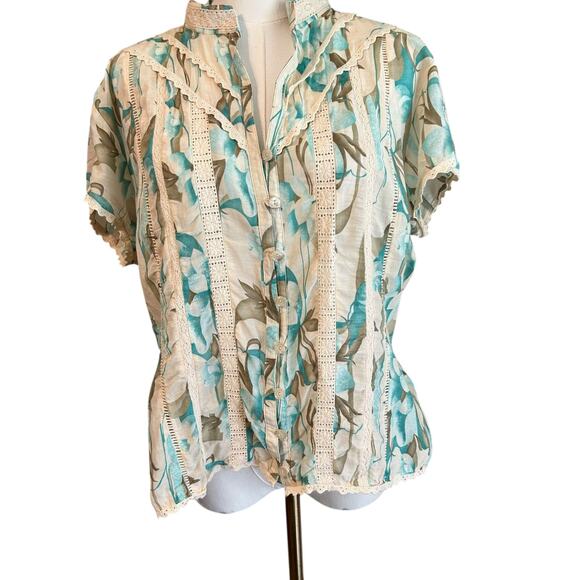 Nygard Collection Silk Blend SZ 12P Crochet Tie Back Cap Sleeve Boho Chic Floral - Picture 4 of 10